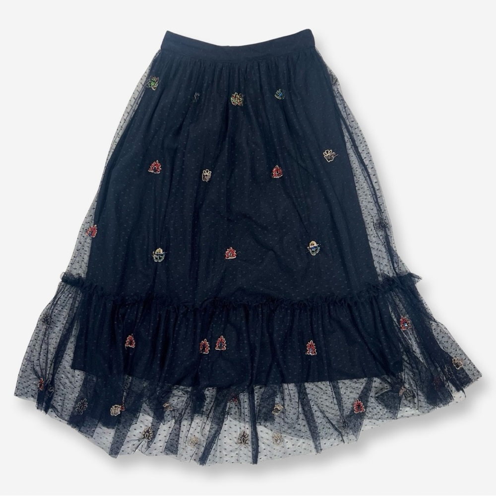ZARA Navy Blue Embroidered Beaded Mesh Tulle Midi Skirt